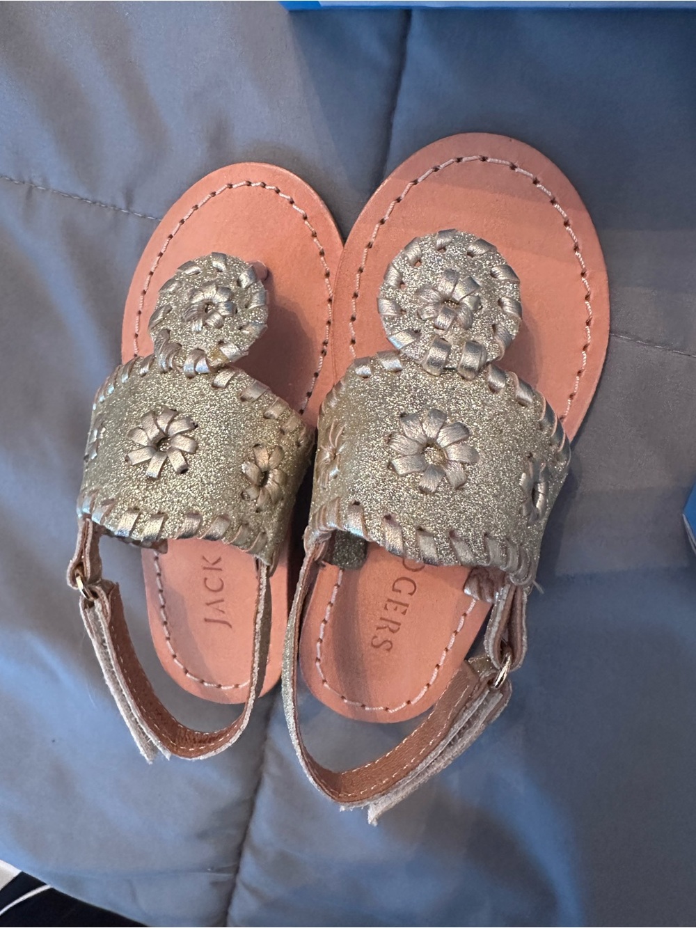 Jack Rogers Kids Metallic Gold Floral Slide Sandals w/Velcro Slingback Like New